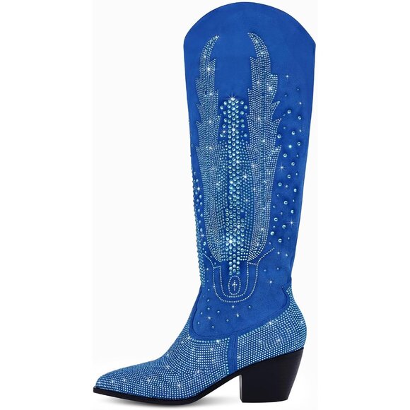 Women Polyurethane Blue Knee High Rhinestone Bling Pointed Toe Cowgirl Western - Picture 2 of 6